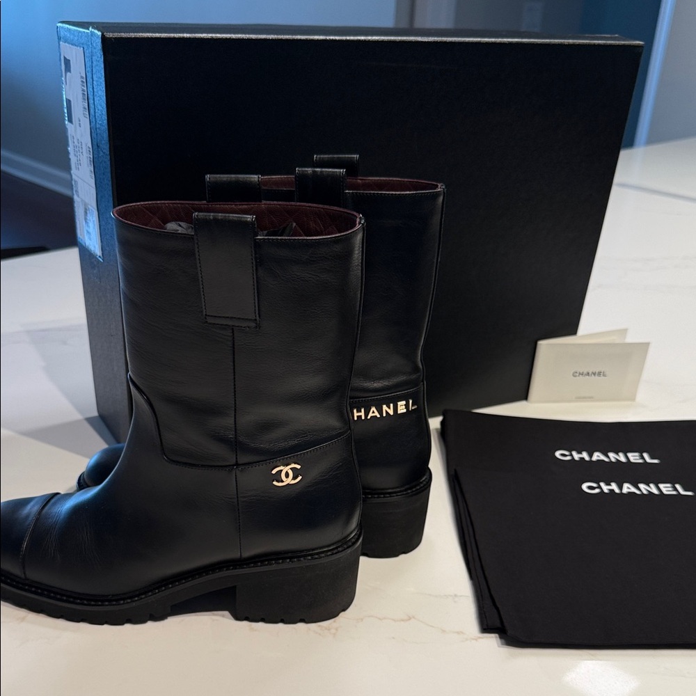 CHANEL Black Leather Chunky Boots with Gold Logo